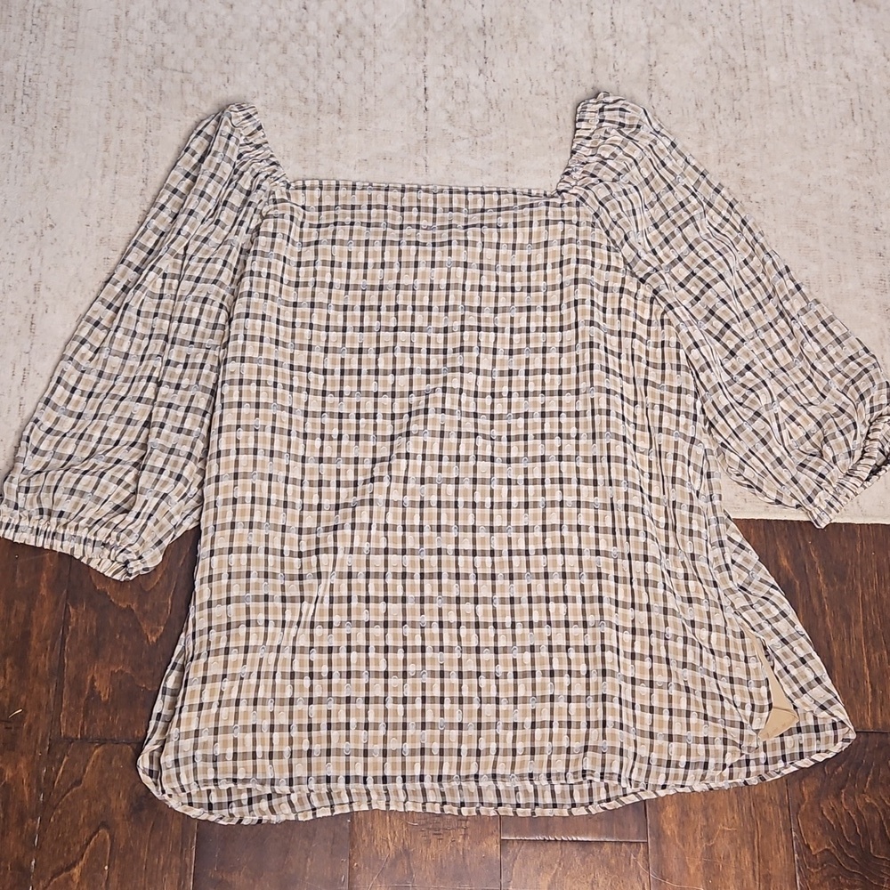 Ann Klein Plaid Popover With Side Slits In Bisqueware Light Coffee Combo - Picture 12 of 12